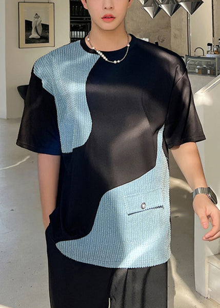 Black Neck Men Denim T O Pockets Patchwork Shirt Summer FashionChic