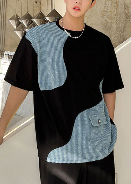 Black Neck Men Denim T O Pockets Patchwork Shirt Summer FashionChic