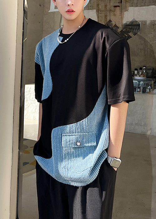 Black Neck Men Denim T O Pockets Patchwork Shirt Summer FashionChic