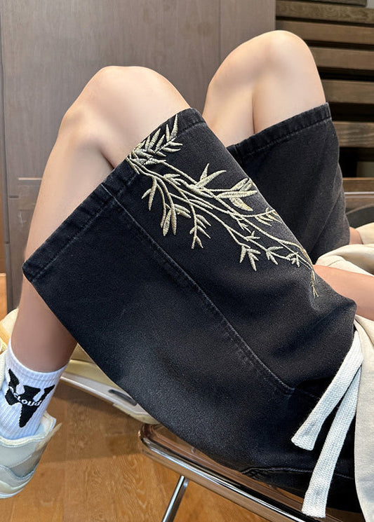 Mens Denim Elastic Waist Shorts Embroideried Pockets Black Summer FashionChic