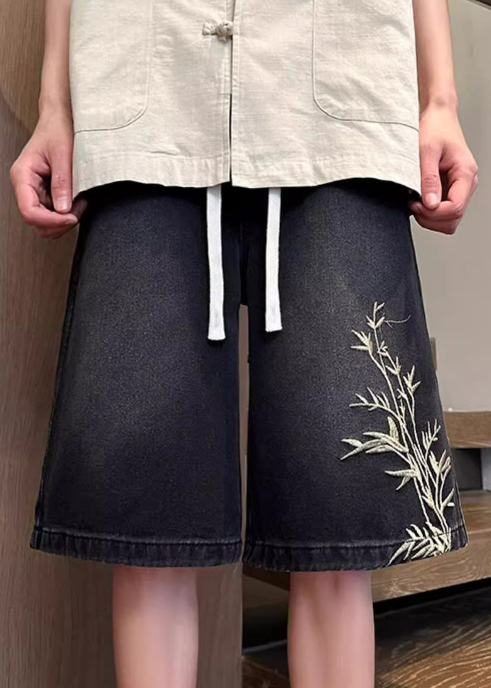 Mens Denim Elastic Waist Shorts Embroideried Pockets Black Summer FashionChic