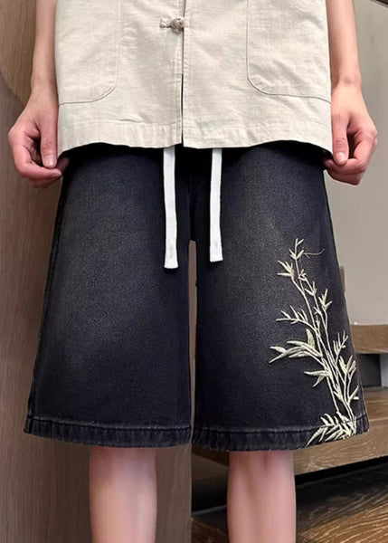 Mens Denim Elastic Waist Shorts Embroideried Pockets Black Summer FashionChic