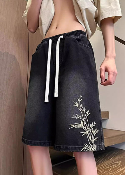 Mens Denim Elastic Waist Shorts Embroideried Pockets Black Summer FashionChic