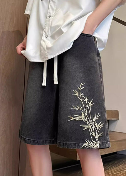 Mens Denim Elastic Waist Shorts Embroideried Pockets Black Summer FashionChic