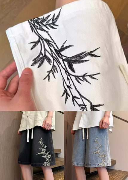 Mens Denim Elastic Waist Shorts Embroideried Pockets Black Summer FashionChic
