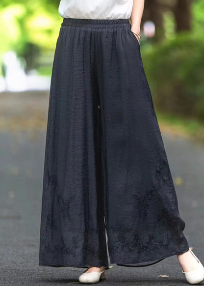 Silk Pockets Elastic Black Summer Embroidered Waist Pants FashionChic