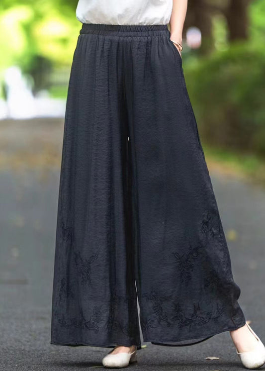 Silk Pockets Elastic Black Summer Embroidered Waist Pants FashionChic