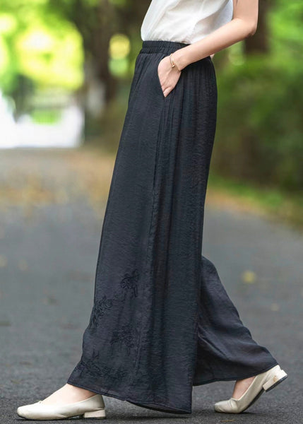 Silk Pockets Elastic Black Summer Embroidered Waist Pants FashionChic