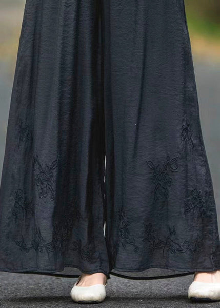 Silk Pockets Elastic Black Summer Embroidered Waist Pants FashionChic