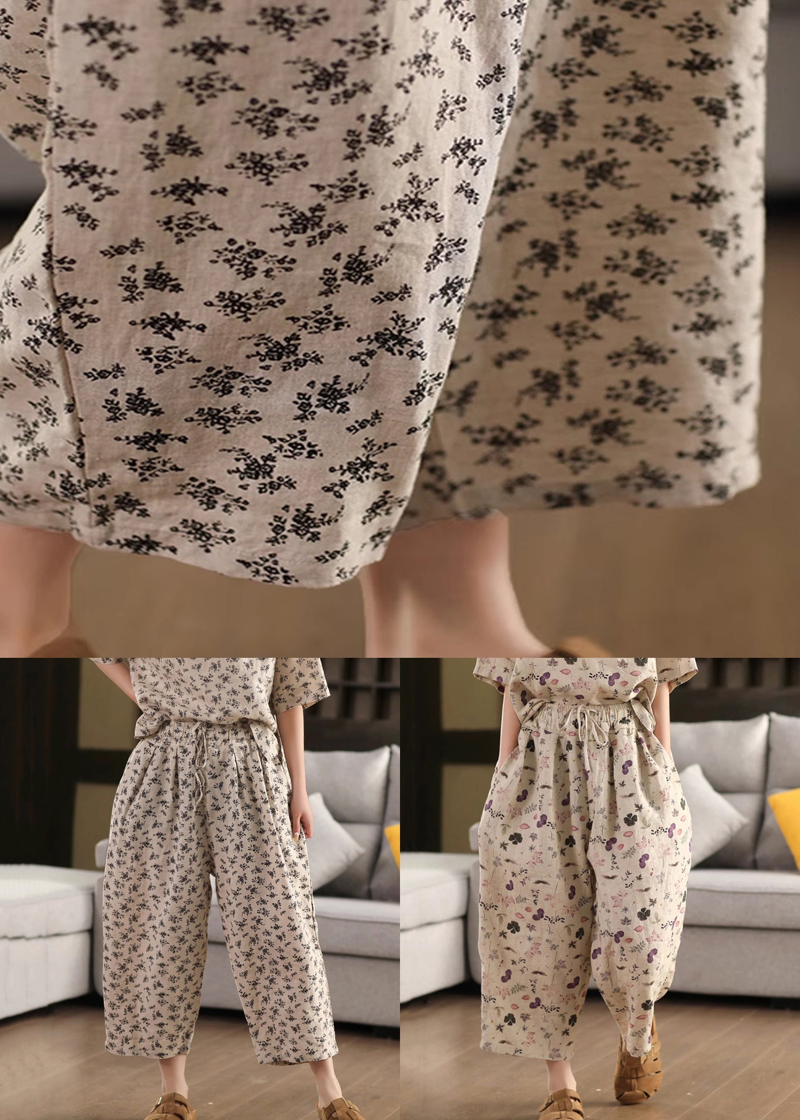 Pants Linen Crop Pockets Elastic Summer Black Waist FashionChic