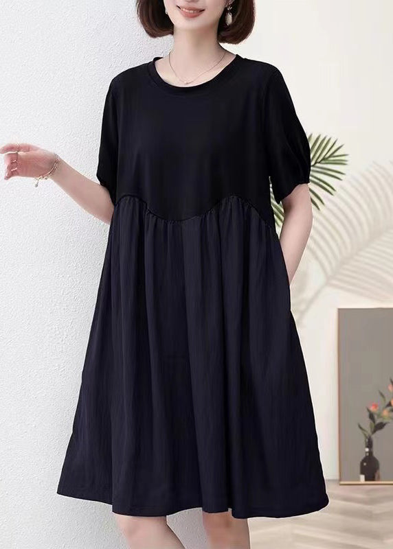 Black Pockets Patchwork Cotton Dresses O Neck Summer MN061 MMDM-SDM240704