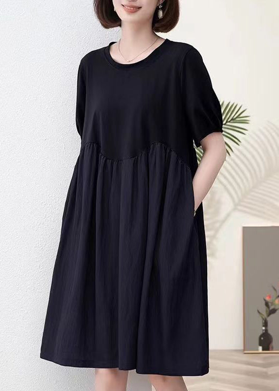 Black Pockets Patchwork Cotton Dresses O Neck Summer MN061 MMDM-SDM240704