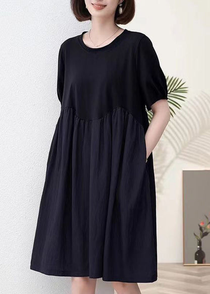 Black Pockets Patchwork Cotton Dresses O Neck Summer MN061 MMDM-SDM240704