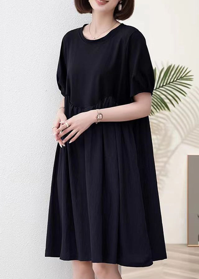 Black Pockets Patchwork Cotton Dresses O Neck Summer MN061 MMDM-SDM240704