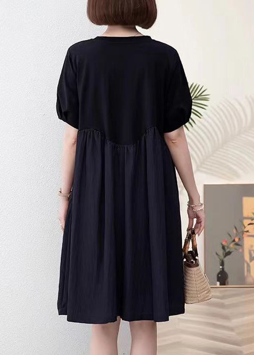 Black Pockets Patchwork Cotton Dresses O Neck Summer MN061 MMDM-SDM240704