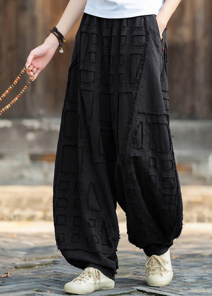 Black Pockets Patchwork Linen Lantern Pants Elastic Waist Fall RU012 ABC