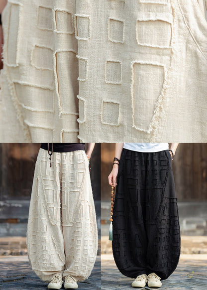 Black Pockets Patchwork Linen Lantern Pants Elastic Waist Fall RU012 ABC