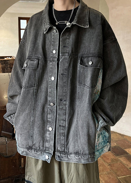 Black Pockets Patchwork Men Coat Peter Pan Collar Fall WA028 MENC241110