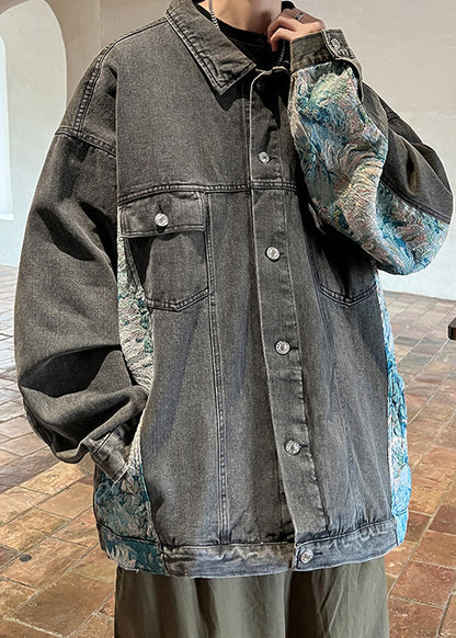 Black Pockets Patchwork Men Coat Peter Pan Collar Fall WA028 MENC241110