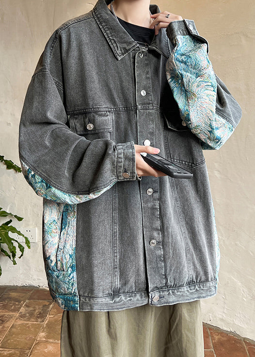 Black Pockets Patchwork Men Coat Peter Pan Collar Fall WA028 MENC241110