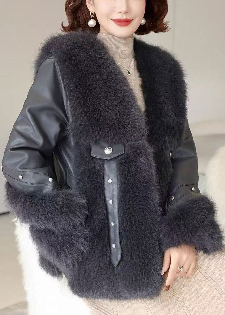 Black Pockets Patchwork Mink Velvet Coats V Neck Winter RZ023 ABC