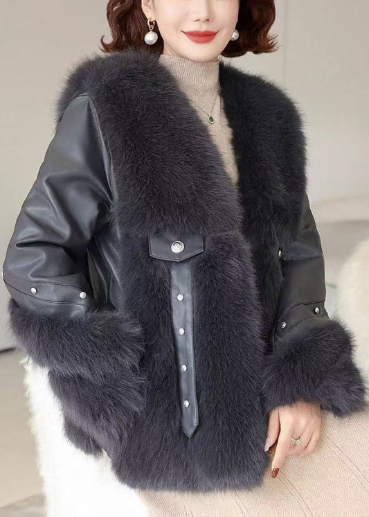 Black Pockets Patchwork Mink Velvet Coats V Neck Winter RZ023 ABC