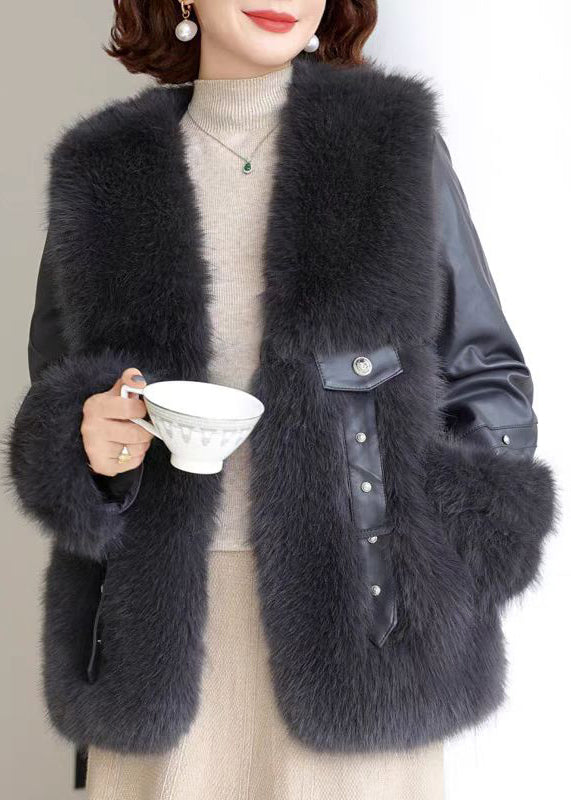 Black Pockets Patchwork Mink Velvet Coats V Neck Winter RZ023 ABC
