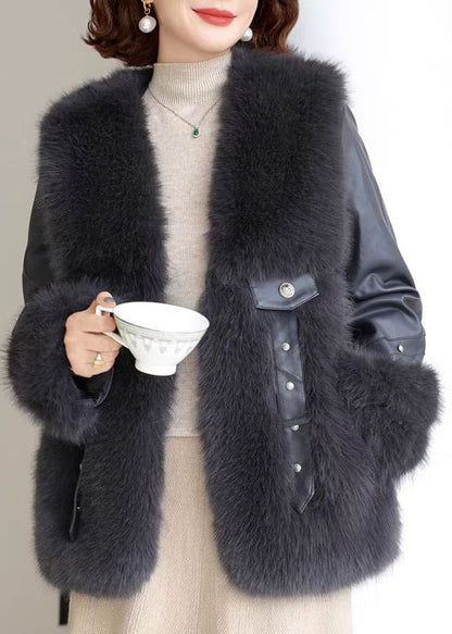 Black Pockets Patchwork Mink Velvet Coats V Neck Winter RZ023 ABC