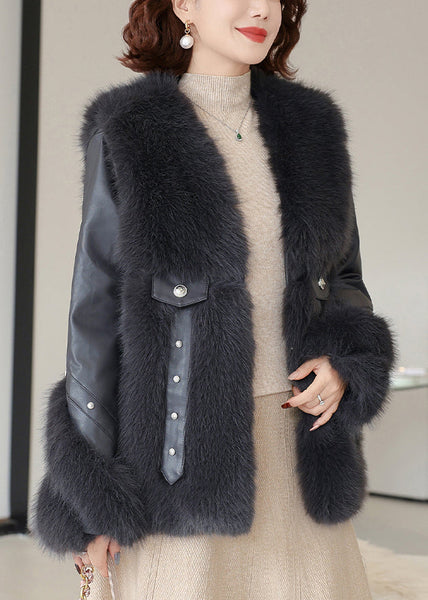 Black Pockets Patchwork Mink Velvet Coats V Neck Winter RZ023 ABC