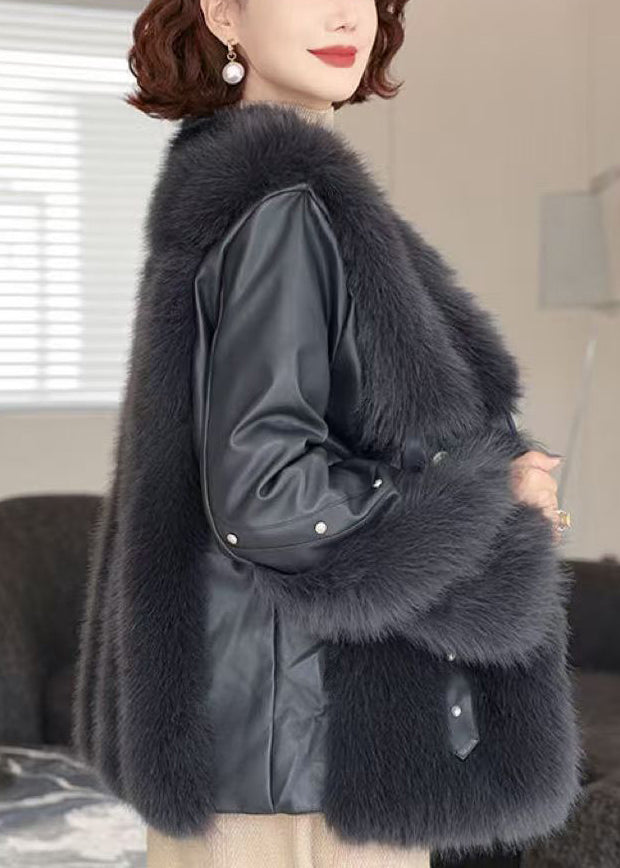 Black Pockets Patchwork Mink Velvet Coats V Neck Winter RZ023 ABC