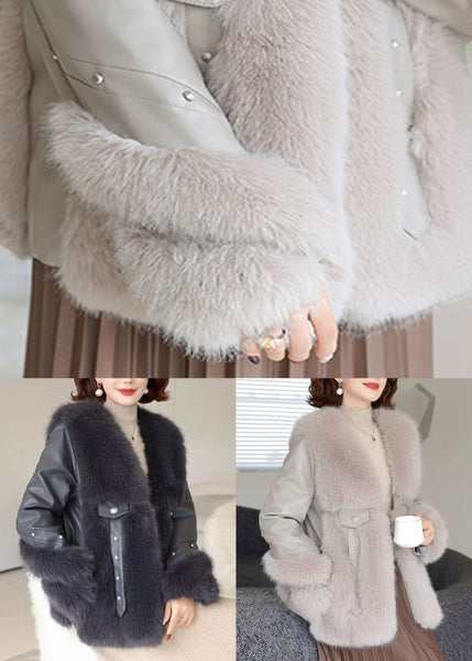 Black Pockets Patchwork Mink Velvet Coats V Neck Winter RZ023 ABC