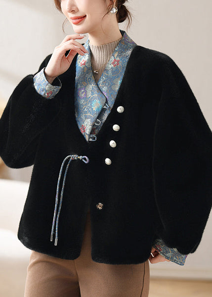 Black Pockets Patchwork Mink Velvet Winter Coats V Neck RC016 ABC