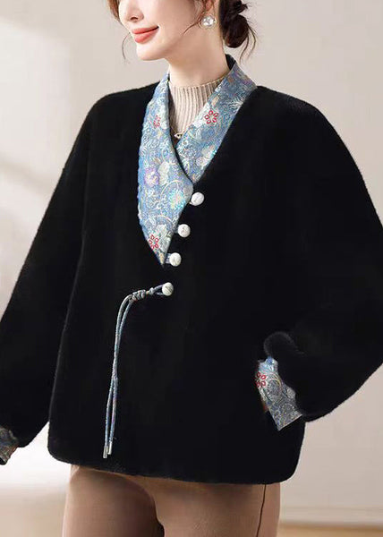 Black Pockets Patchwork Mink Velvet Winter Coats V Neck RC016 ABC