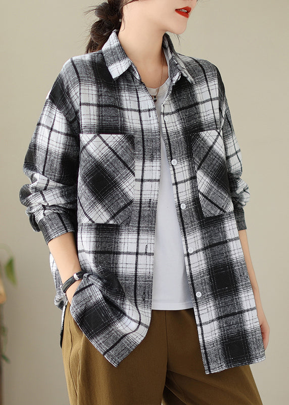 Black Pockets Plaid Casual Cotton Shirts Coat Peter Pan Collar Fall QO049 OM-ZS241008