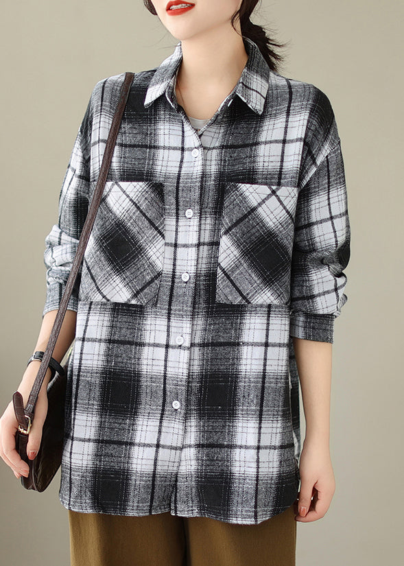Black Pockets Plaid Casual Cotton Shirts Coat Peter Pan Collar Fall QO049 OM-ZS241008