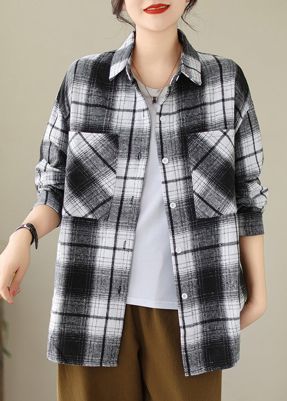 Black Pockets Plaid Casual Cotton Shirts Coat Peter Pan Collar Fall QO049 OM-ZS241008