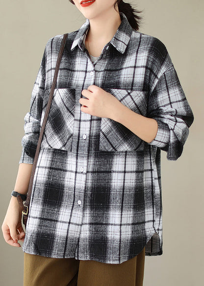 Black Pockets Plaid Casual Cotton Shirts Coat Peter Pan Collar Fall QO049 OM-ZS241008