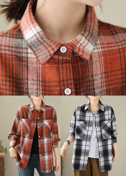 Black Pockets Plaid Casual Cotton Shirts Coat Peter Pan Collar Fall QO049 OM-ZS241008