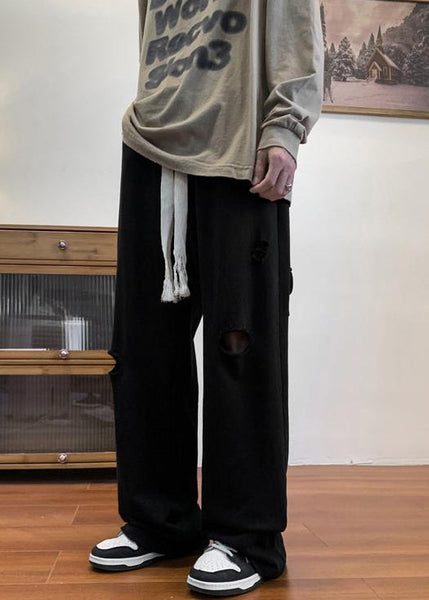 Black Pockets Solid Cotton Fall Men Pants Elastic Waist WA047 MENP241110