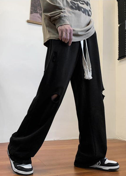 Black Pockets Solid Cotton Fall Men Pants Elastic Waist WA047 MENP241110