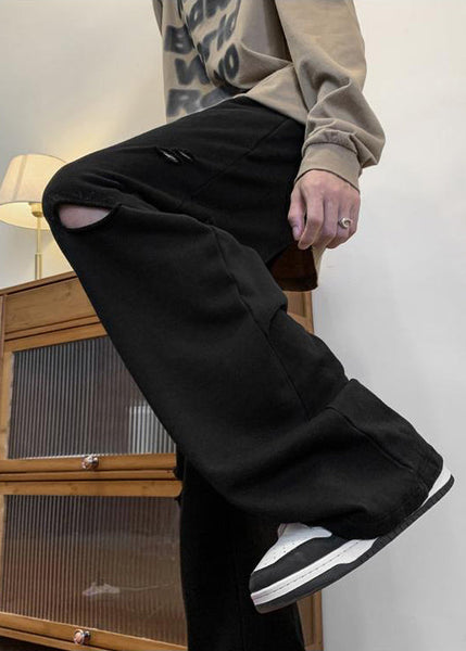 Black Pockets Solid Cotton Fall Men Pants Elastic Waist WA047 MENP241110