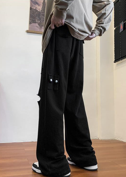 Black Pockets Solid Cotton Fall Men Pants Elastic Waist WA047 MENP241110