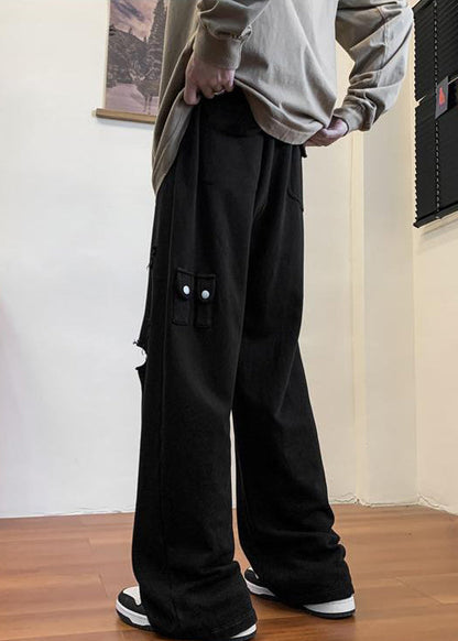 Black Pockets Solid Cotton Fall Men Pants Elastic Waist WA047 MENP241110