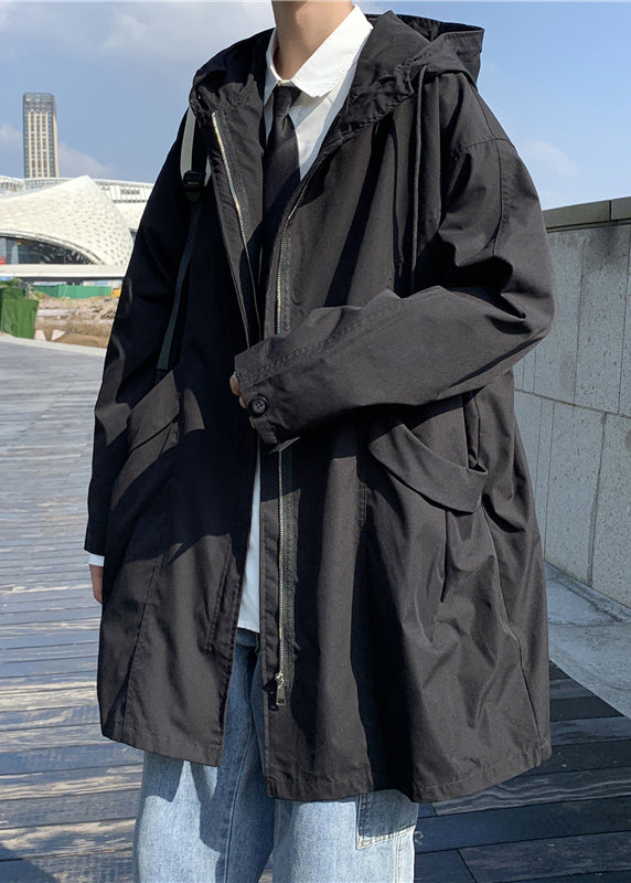 Black Pockets Solid Cotton Men Coat Hooded Spring YQ016 ABC
