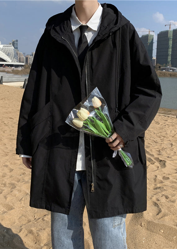 Black Pockets Solid Cotton Men Coat Hooded Spring YQ016 ABC