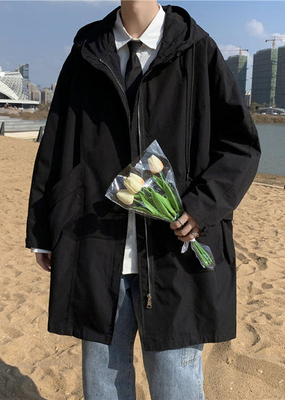 Black Pockets Solid Cotton Men Coat Hooded Spring YQ016 ABC