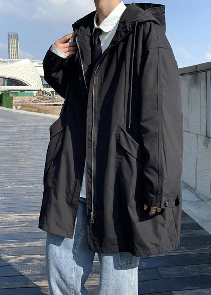 Black Pockets Solid Cotton Men Coat Hooded Spring YQ016 ABC