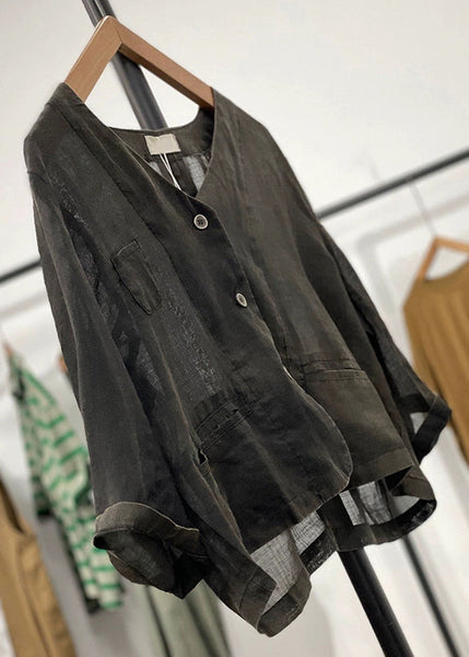 Black Pockets Solid Linen Cardigan V Neck Long Sleeve GG033 MZF-CDG240610