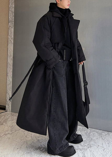 Black Pockets Tie Waist Silk Men Parkas Notched Winter RJ003 ABC