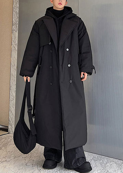 Black Pockets Tie Waist Silk Men Parkas Notched Winter RJ003 ABC